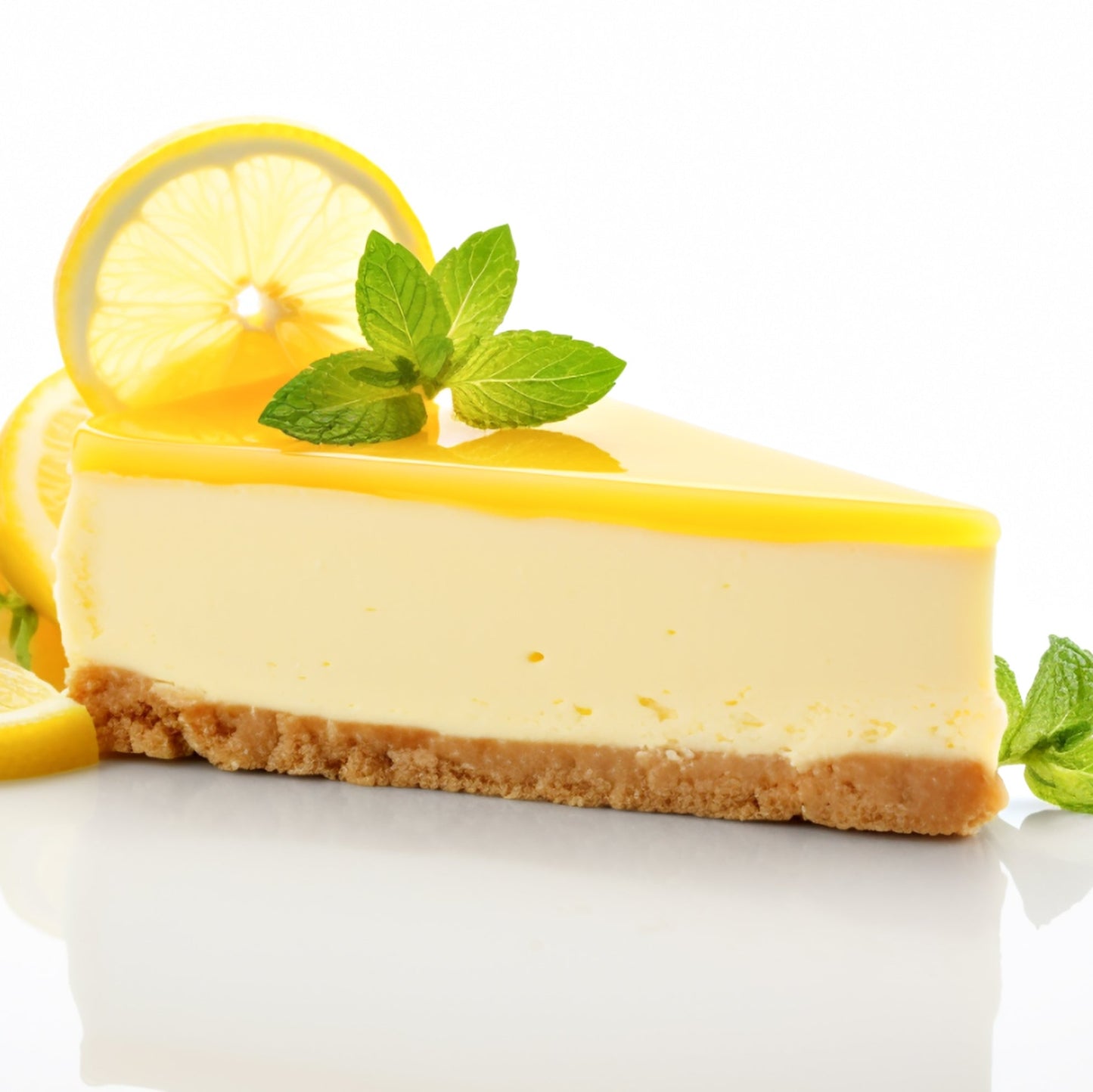 Slice of lemon cheesecake with lemon slices and mint leaves on a white background