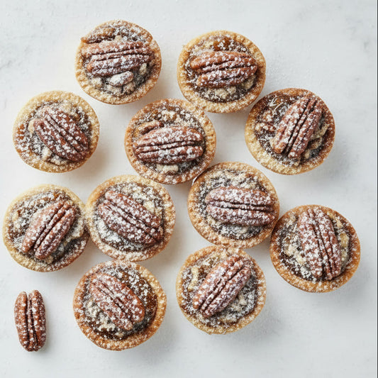 Mini pecan pies arranged on a light surface with scattered pecans.