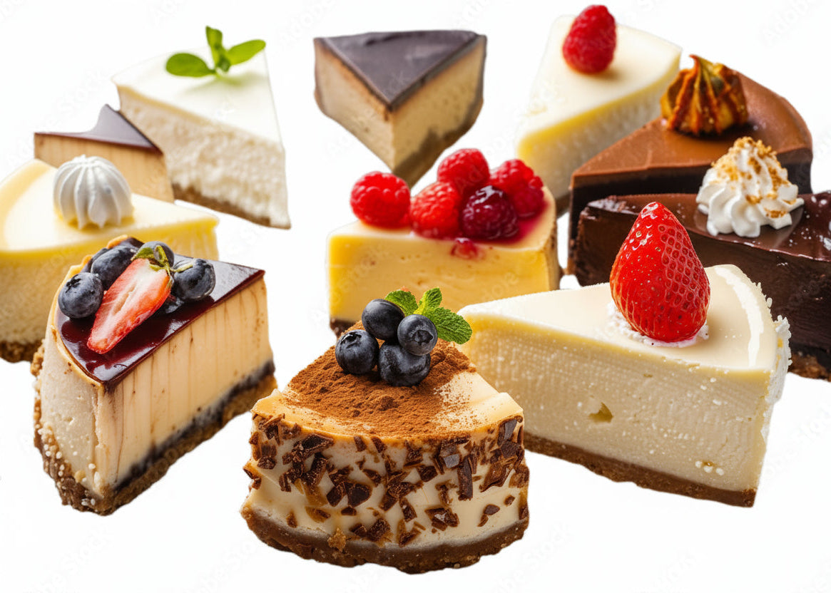 Assorted slices of cheesecake with various toppings on a light gray background